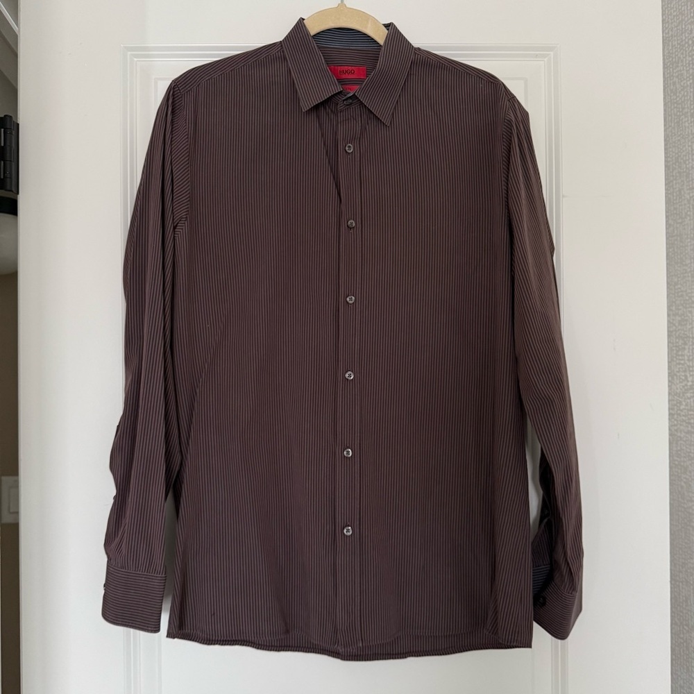 HUGO Dark Brown Pinstripe Dress Men's Slim-Fit Shirt Medium